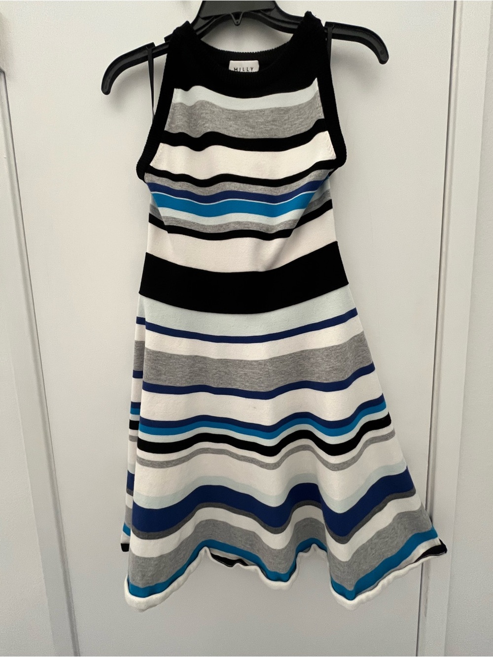Milly Striped Knit Sleeveless Dress in Black, White & Blue Tones